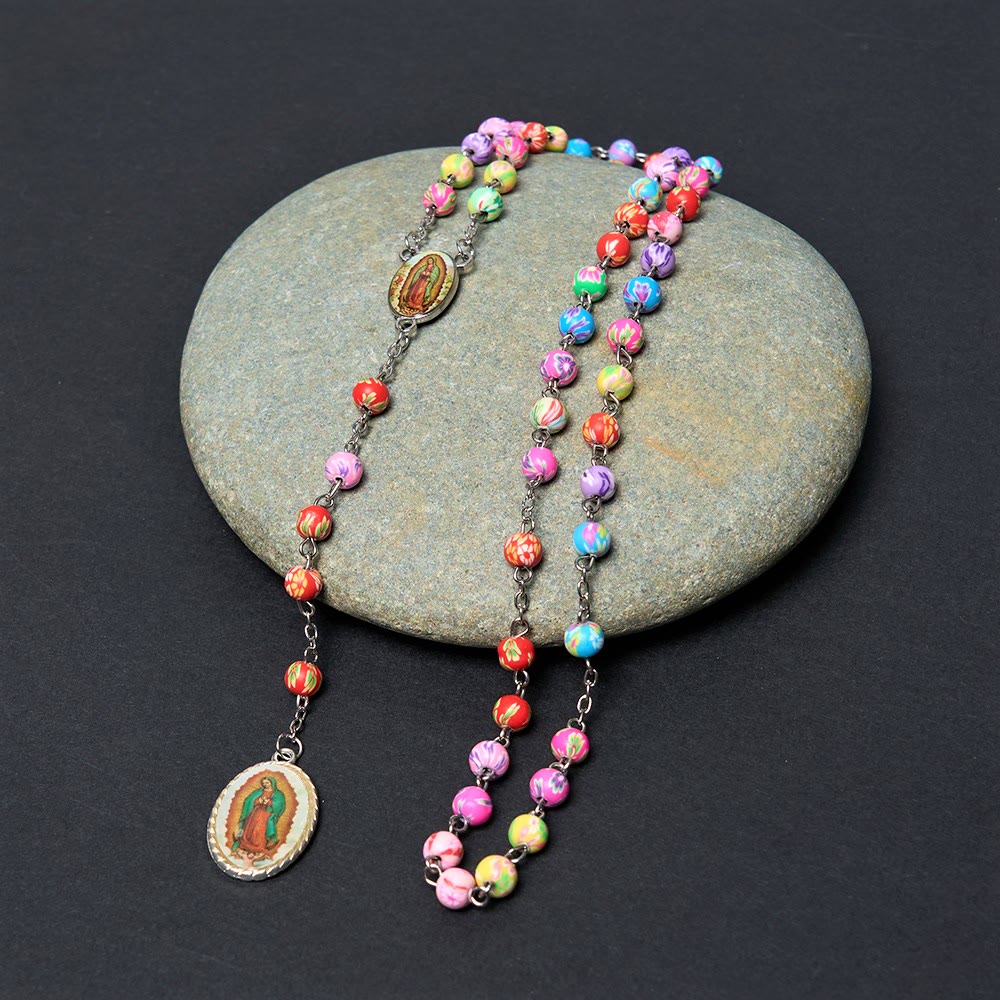 Christiandiscipleshop Our Lady of Guadalupe & Crucifix of 6 mm Round Multicolor Polymer Clay Alloy Chain Rosary