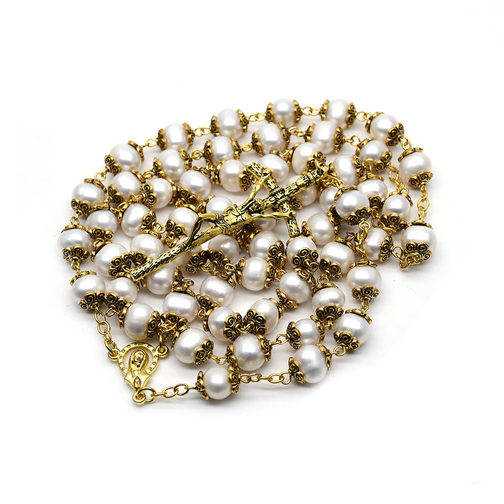 Christiandiscipleshop Our Lady of Grace & Crucifix of 8*9 mm Round White Pearl Alloy Chain Rosary