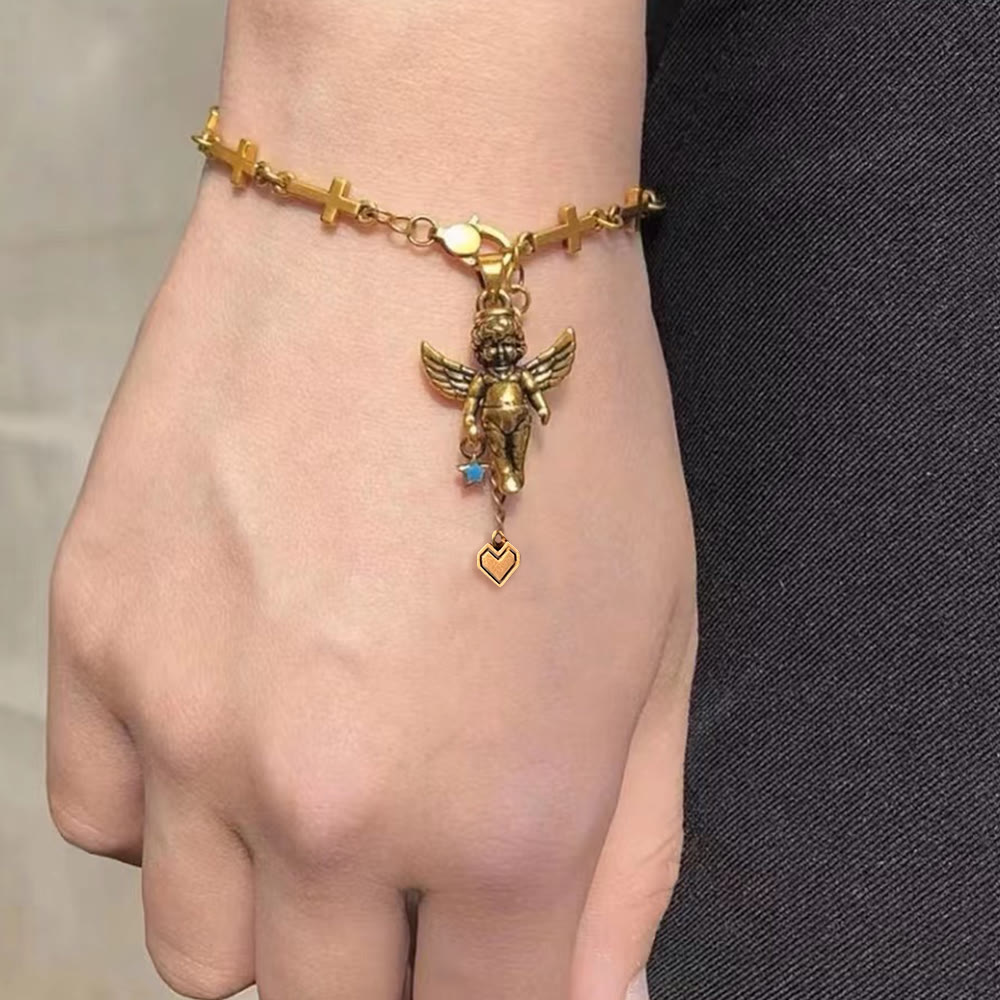 Christiandiscipleshop Retro Style Bronze Lucky Star Angel & Heart Cross Bracelet
