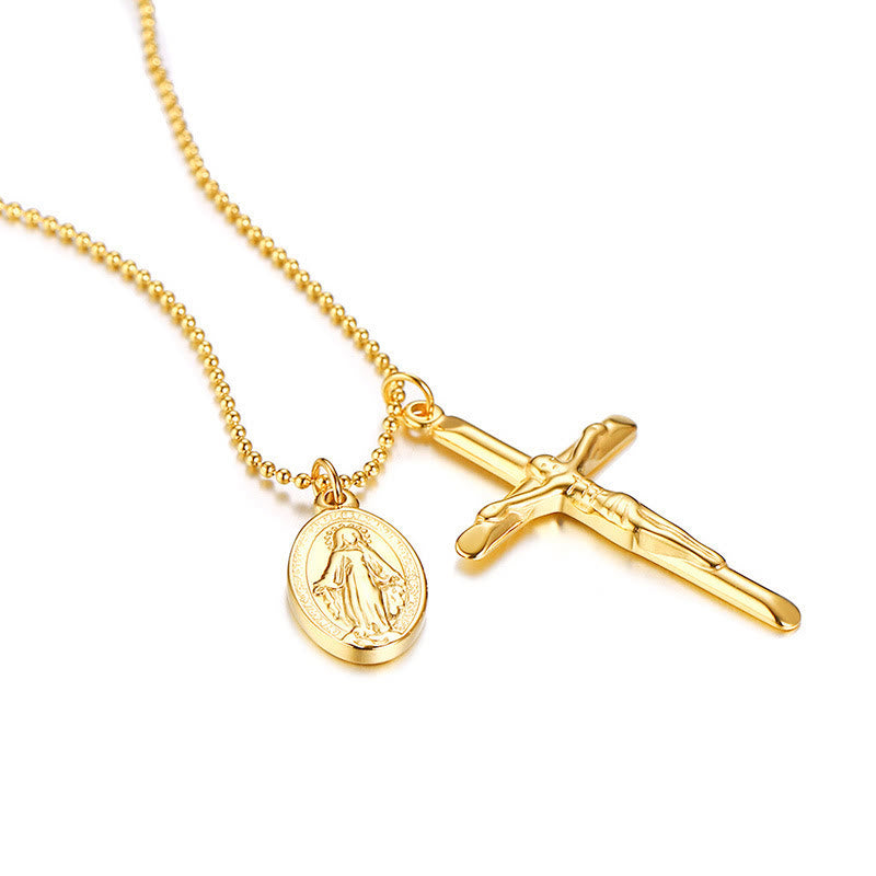 christiandiscipleshop Virgin Mary Medallion Crucifix Titanium Necklace