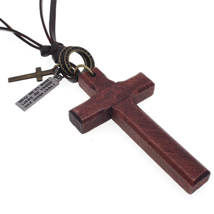 christiandiscipleshop Vintage Wood Cross Adjustable Leather Necklace