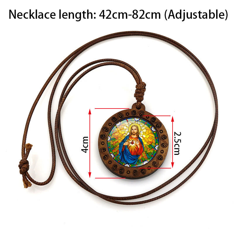 christiandiscipleshop Jesus Sacred Heart Time Gemstone Wood Pendant Necklace