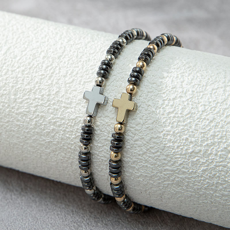 Christianartworkshop 2pcs Cross Decor Beaded Stackable Hematite Bracelet