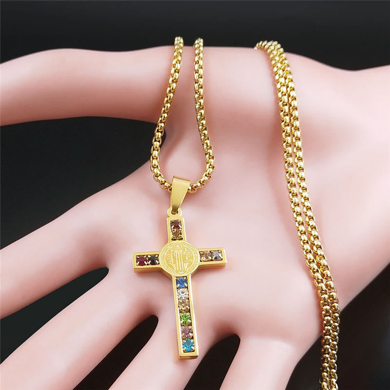 Christiandiscipleshop Saint Benedict Cross Mix Bible 12 Crystal Necklace